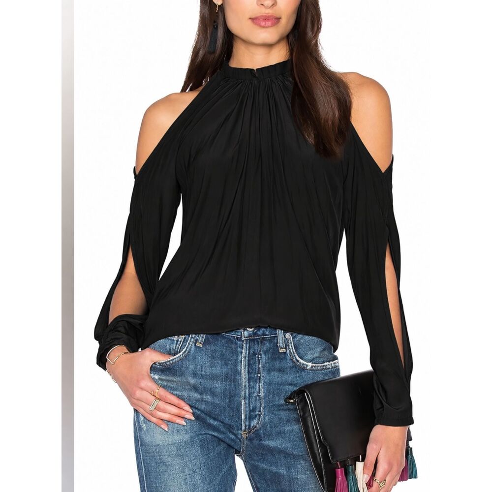 NWT Ramy Brook Milan Cold Shoulder Cut-Out Black Blouse Medium